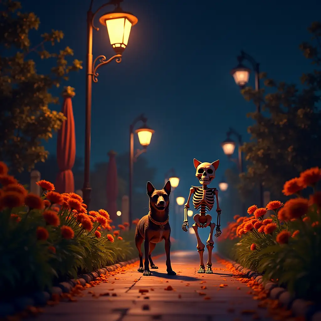 Joyful-Da-de-Muertos-Celebration-with-Skeleton-Cat-and-Dog-on-City-Street