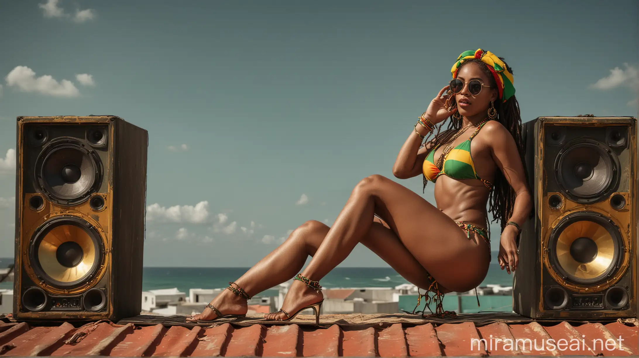 Jamaican Dancehall Woman Relaxing in RastaThemed Bikini Outfit