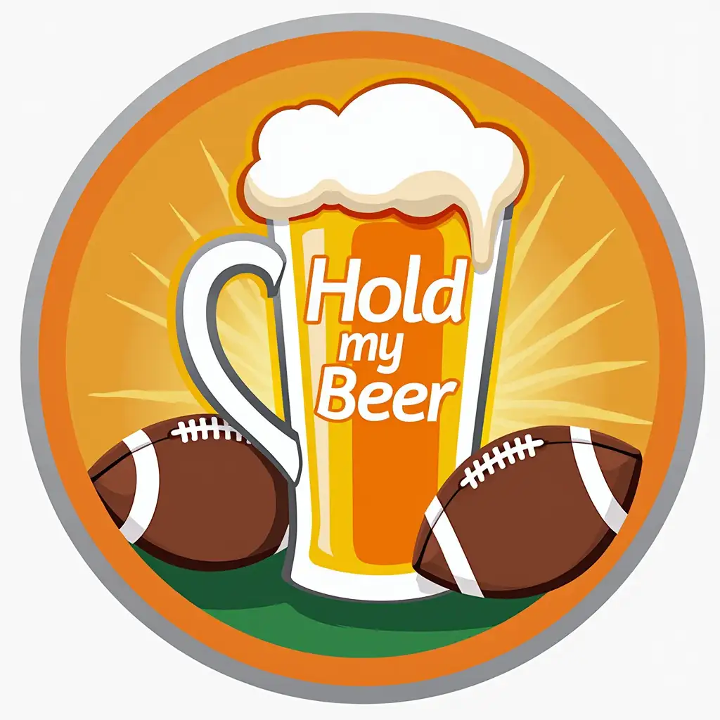 modern-style round logo with the text 'Hold My Beer' and image of frosty beer mug and small footballs in orange and silver color scheme