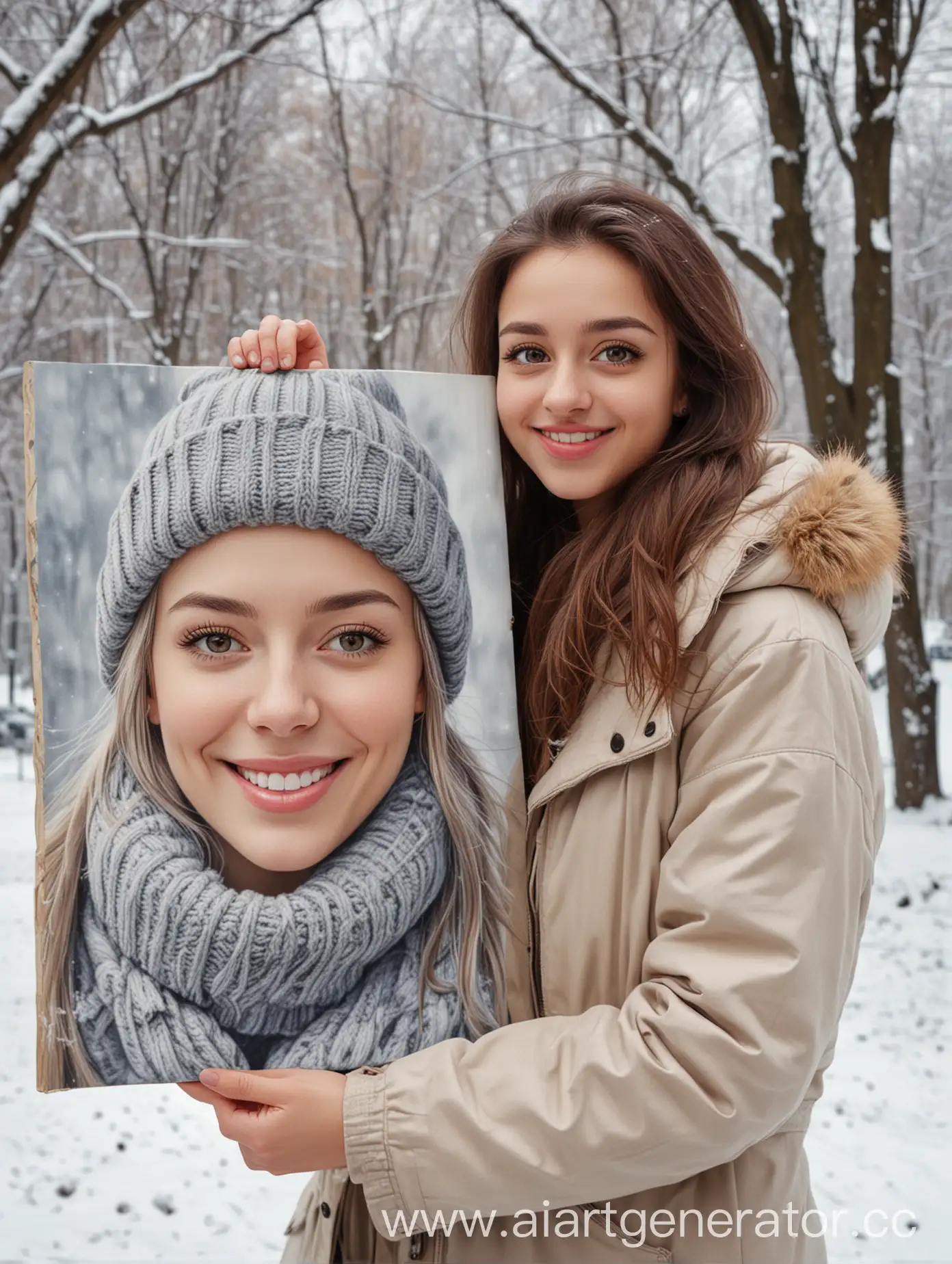 Adult-Girl-Holding-Portrait-Canvas-in-Winter-Park