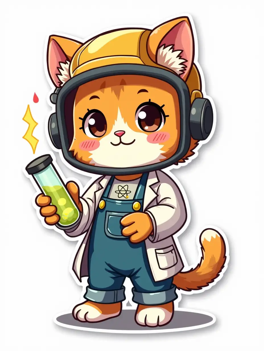 kawaii positive little engineer shaggy cat in protective helmet, gloves and overalls with an atom symbol on t-shirt, in the lab coat of a laboratory scientist with a glowing test tube in his hands. die cut sticker design top-view, high resolution, vector art, white background, paint in anime style