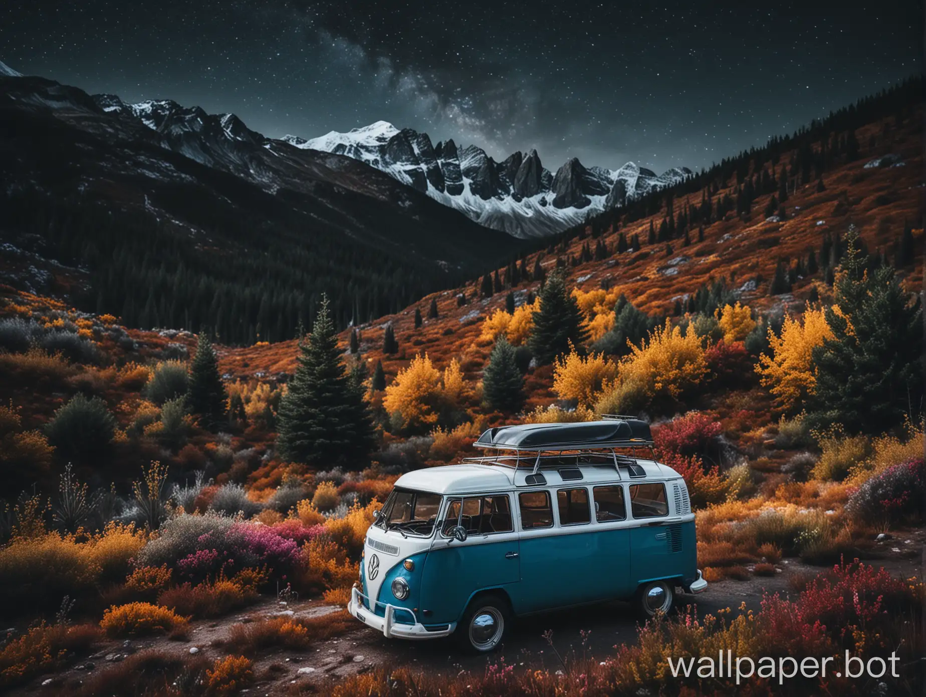 Cold vast surreal mountain ranges at night with multicolored plants and trees, and a VW split window camper, from perspective close to ground