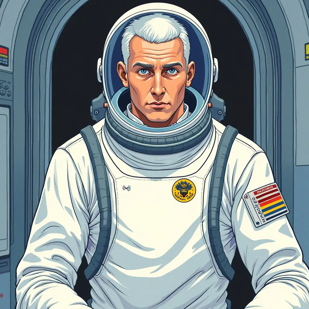 Actor Faith Andrey Andreevich. Grey-eyed, short-haired. Tall, high-growth, with a harsh character, an Anglo-Saxon at heart. In a white spacesuit and helmet, with 'Moon Rainbow' inscription on the chest, in interior of a spacecraft. Style of European comic artist Mœbius, watercolor, clear outline and shading filled with black ink, high resolution, high level of details. Dimmed lighting