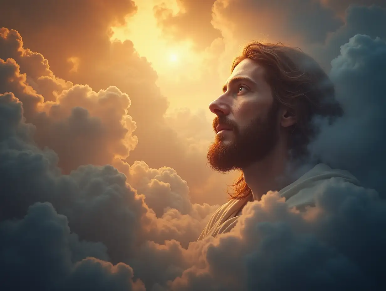 partial face of Jesus in the glorious clouds looking down on earth and watching over humanity