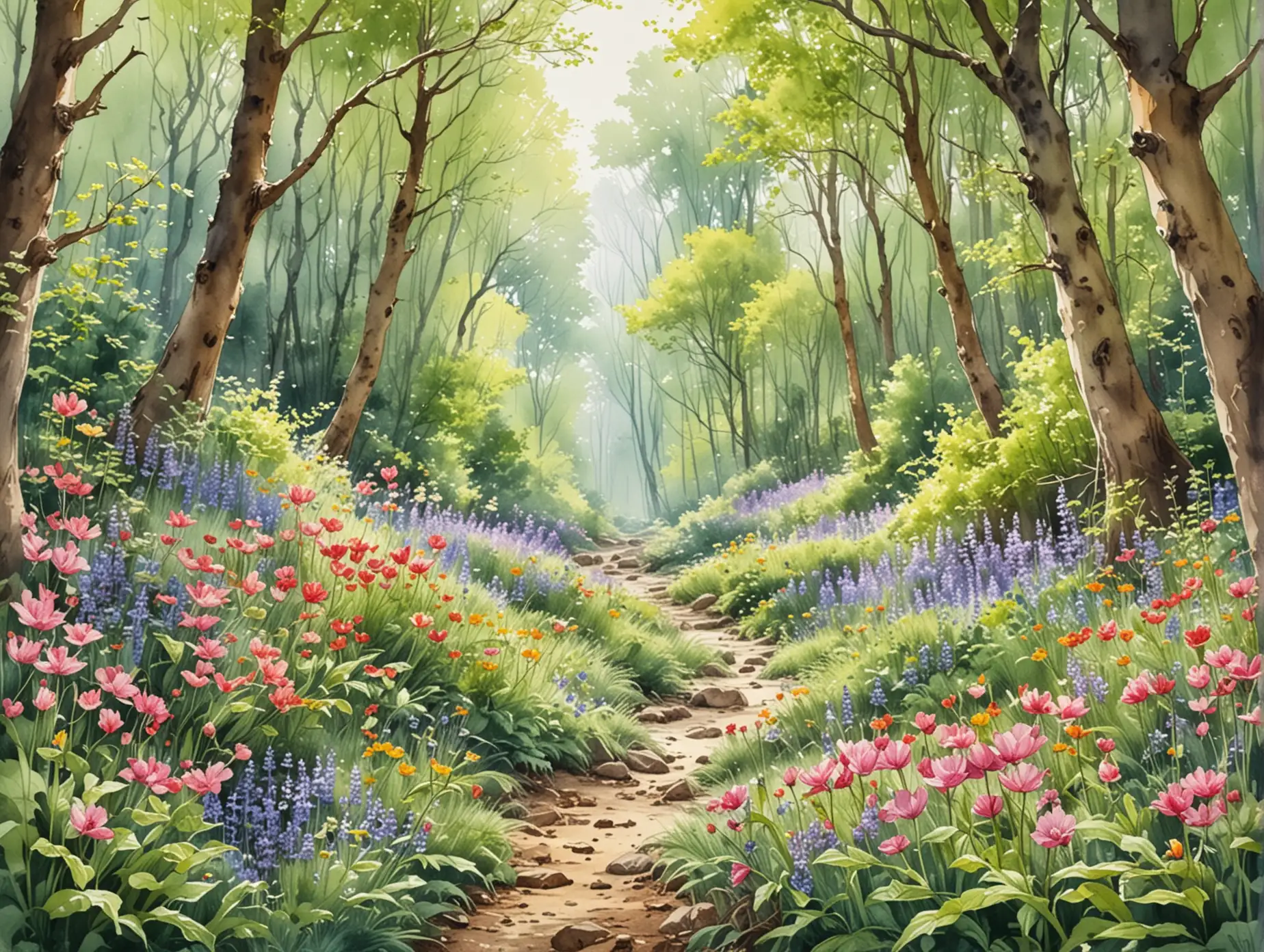 Spring-Flower-Forest-in-Watercolor-with-Detailed-Sketch