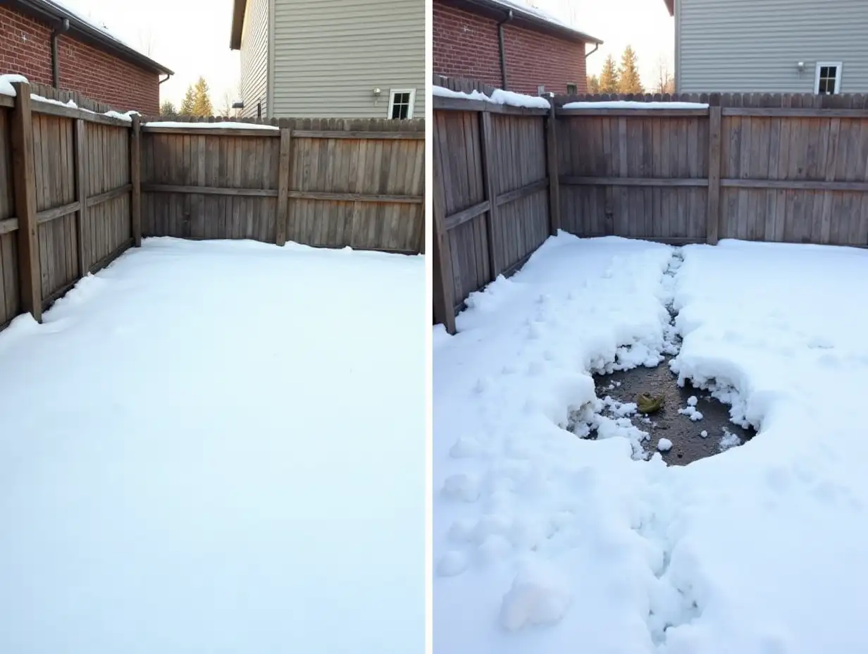 Hero Image: A striking side-by-side of a backyard before and after snow melts, revealing hidden dog waste.