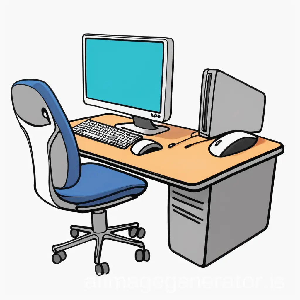 draw me in cartoon style with color, an empty desk seen from the side with a computer screen on a white background.