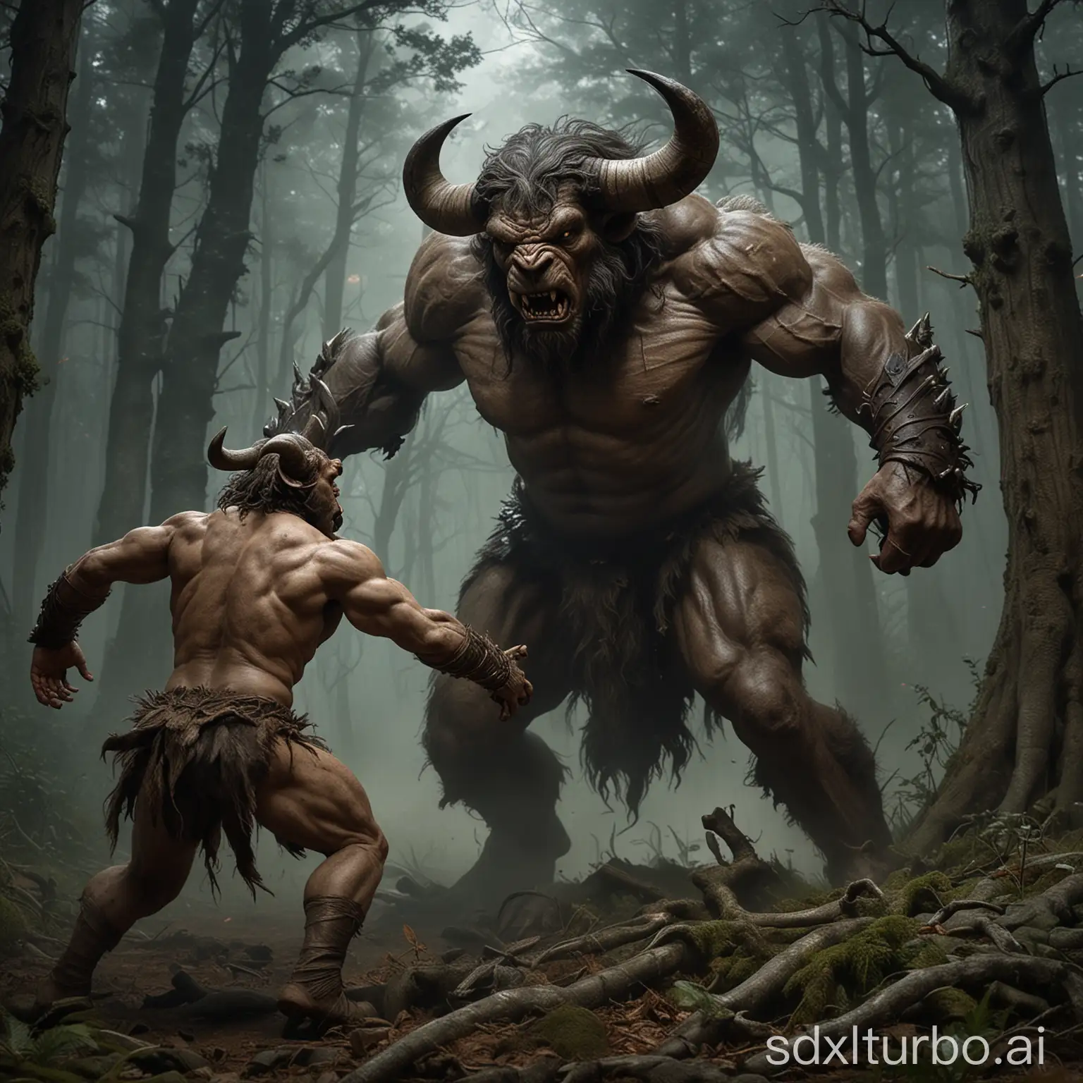 Epic-Battle-Minotaur-vs-Werewolf-in-Dark-Forest