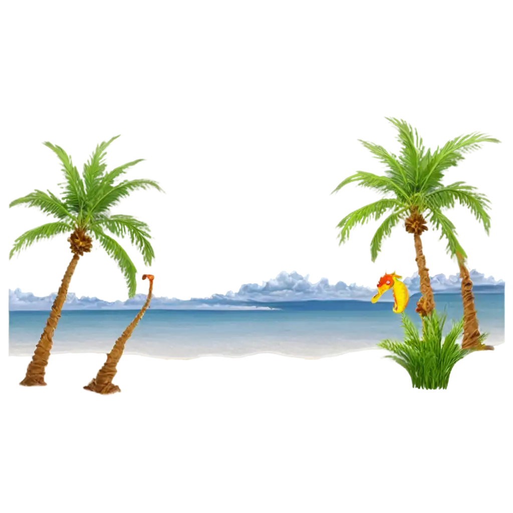 Stunning-PNG-Image-of-a-Serene-Sea-with-Seahorses-Palm-Trees-and-Blue-Sky-with-White-Clouds