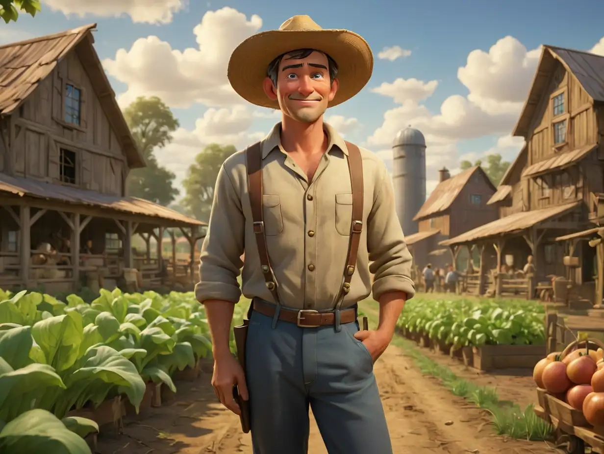 WideAngle-View-of-Wealthy-Man-in-Farm-Attire-amidst-Large-Farm-Atmosphere