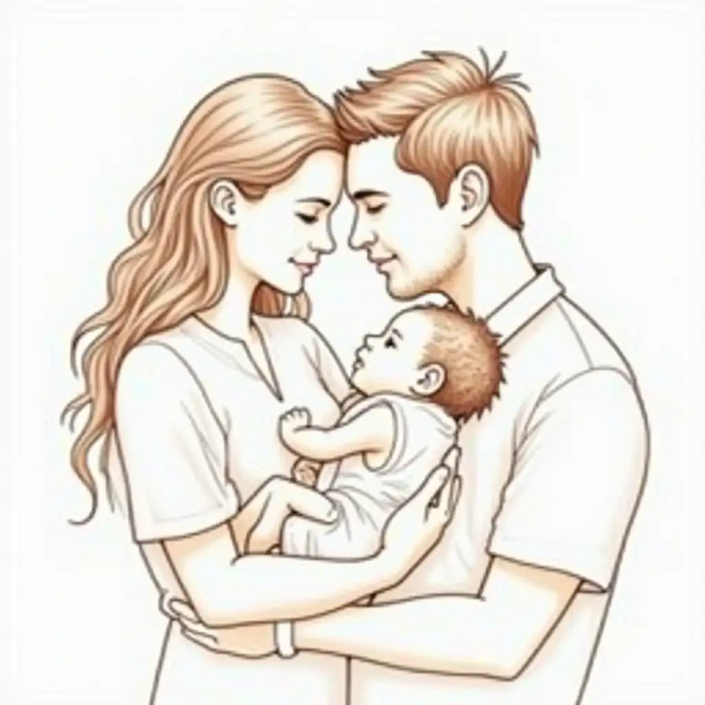Draw a lovely moment of wife and husband holding their new born baby in sketch pattern