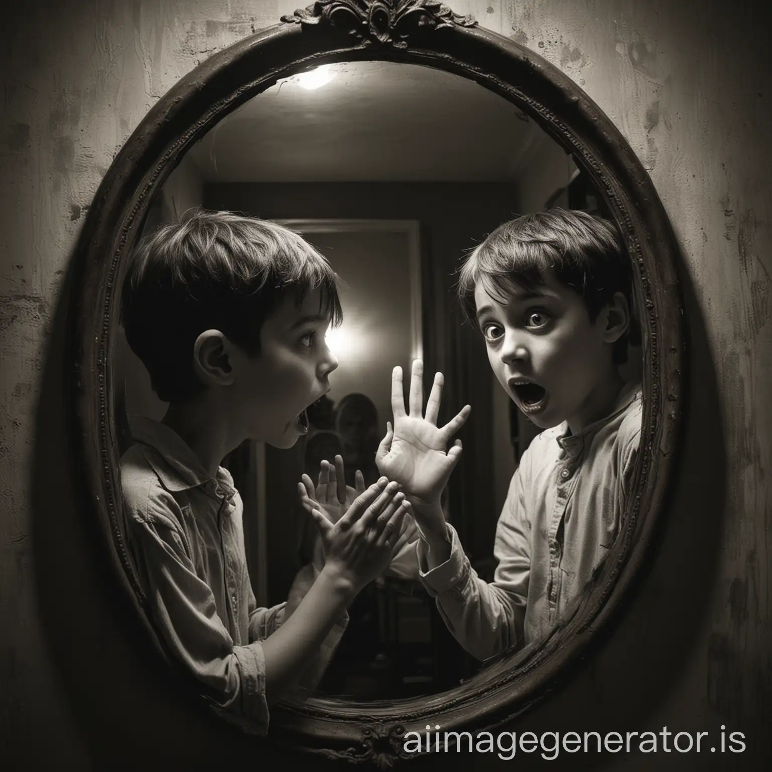 A horror-themed image featuring a mirror. Inside the mirror, a boy is standing, and outside the mirror, another boy is standing, looking at the boy inside. From within the mirror, a ghostly hand is reaching out and choking the throat of the boy standing outside. The boy being choked should not look happy but rather terrified. The background should be full of horror elements, dark and eerie.