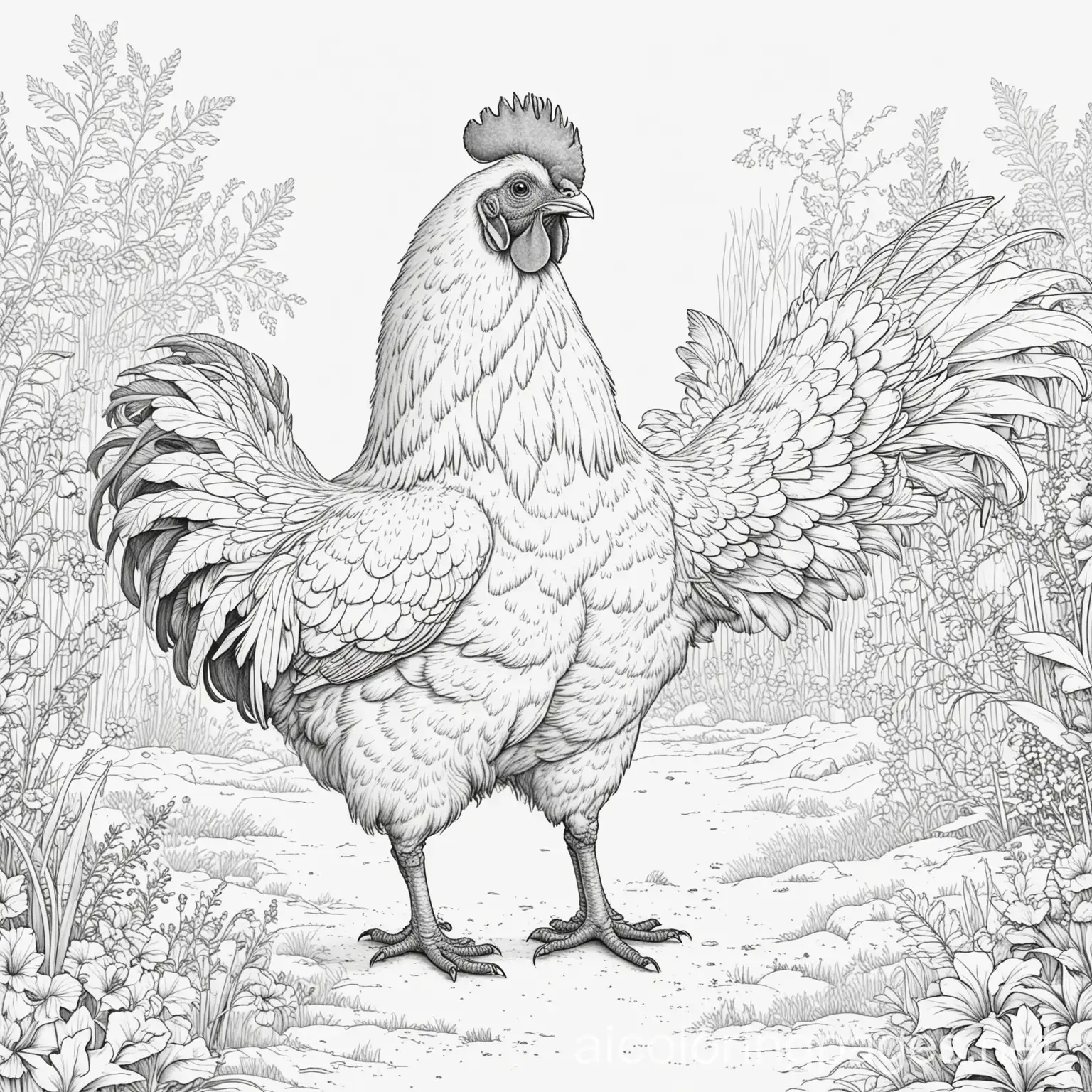 Chickens free range., Coloring Page, black and white, line art, white background, Simplicity, Ample White Space. The background of the coloring page is plain white to make it easy for young children to color within the lines. The outlines of all the subjects are easy to distinguish, making it simple for kids to color without too much difficulty