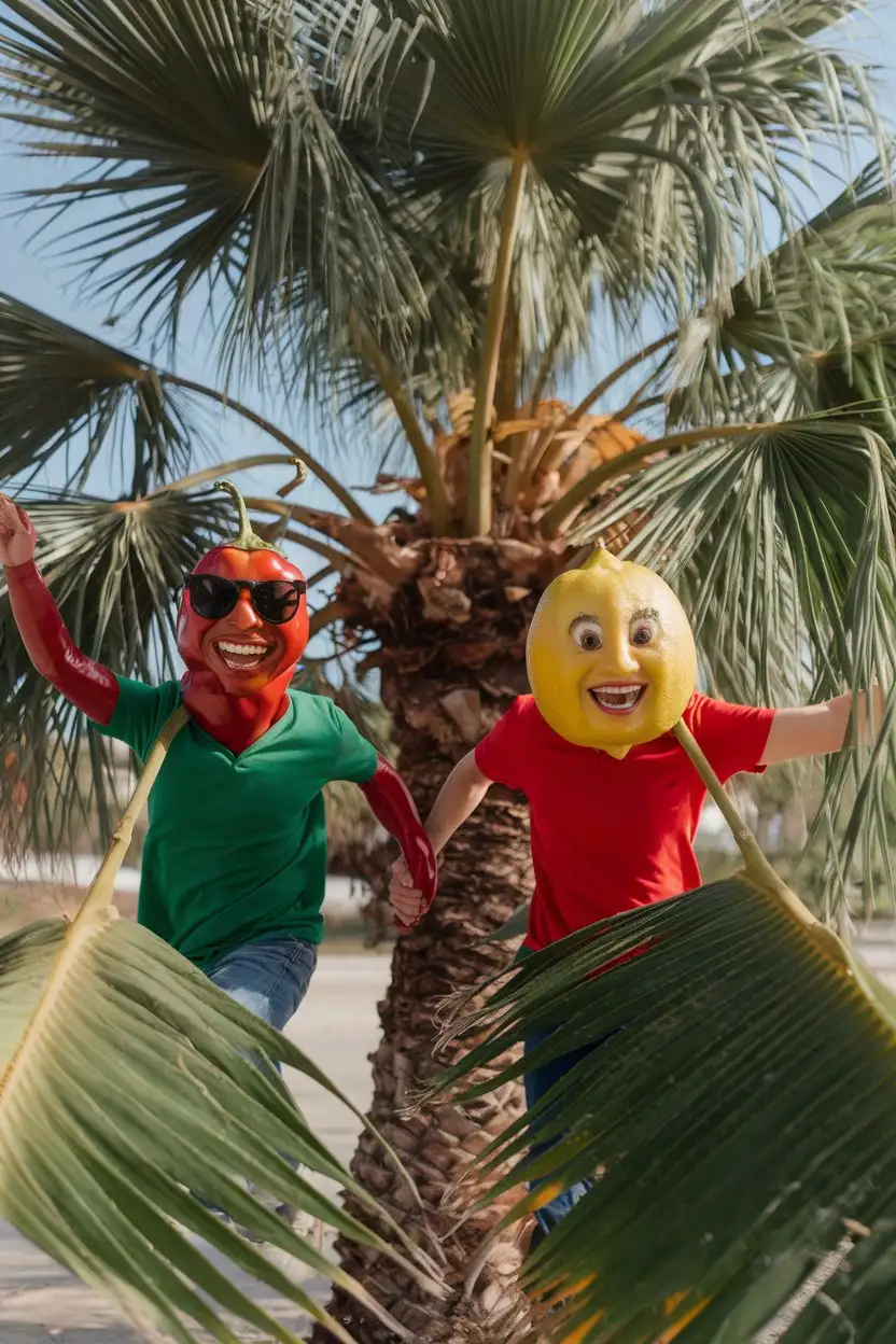 Chili and Lemon Fruit Racing through Palm Tree with Joy