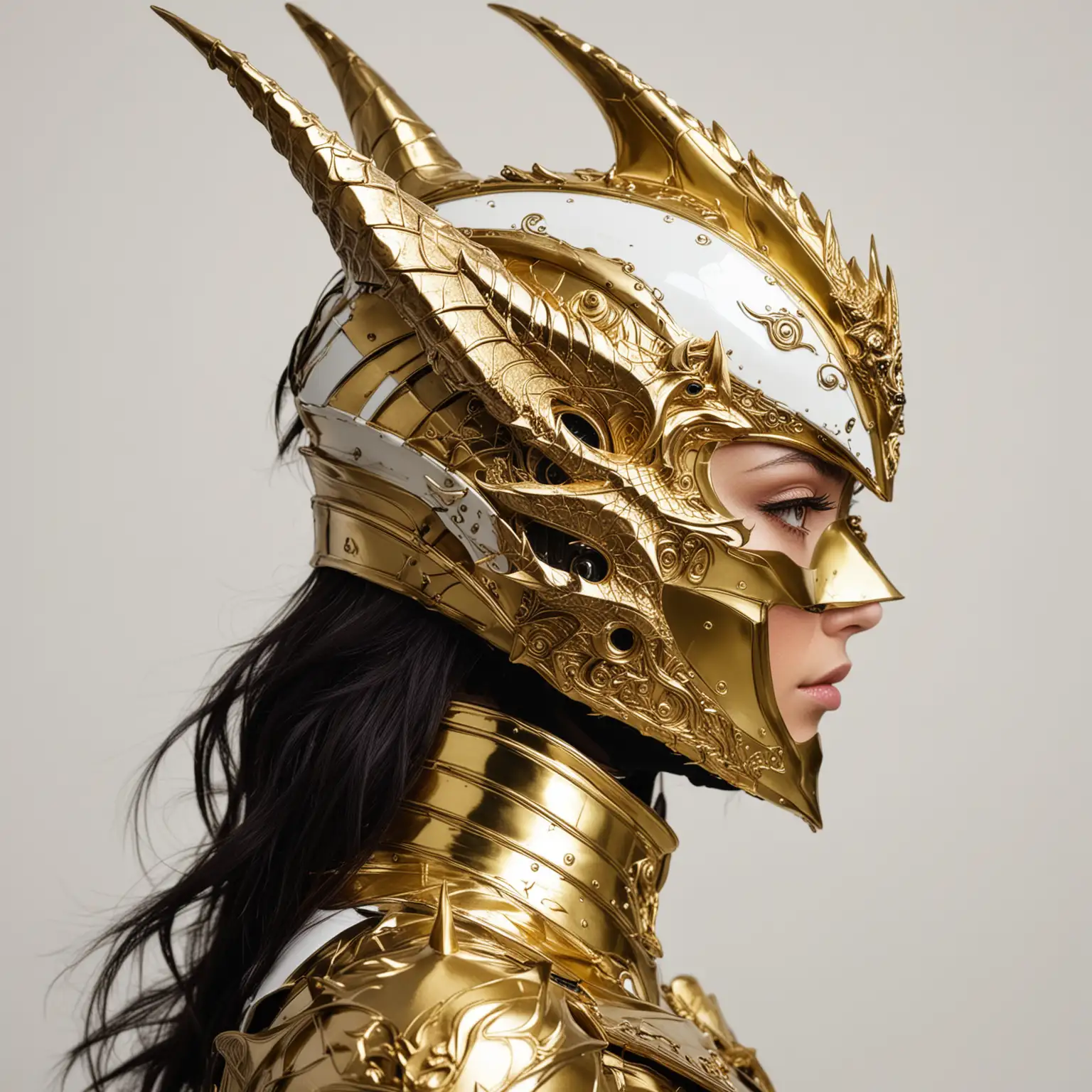 Portrait Photograph of Woman in Gold Dragon Knight Helmet