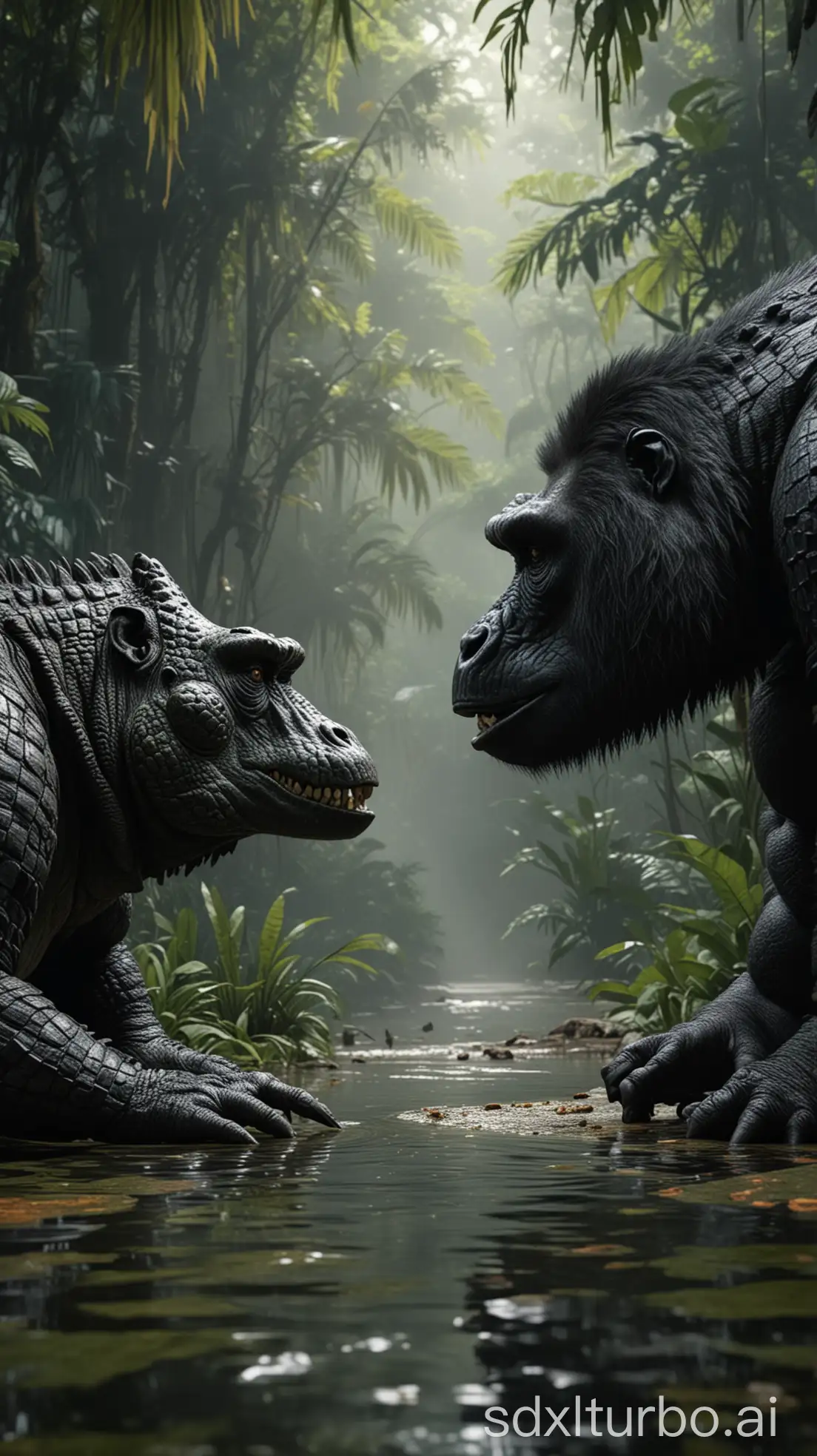 Crocodile-and-Gorilla-Confrontation-in-the-Jungle