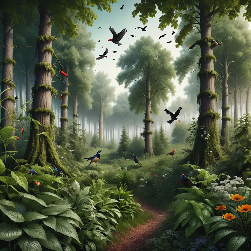 Scenic-European-Forest-with-Trees-Plants-and-Birds