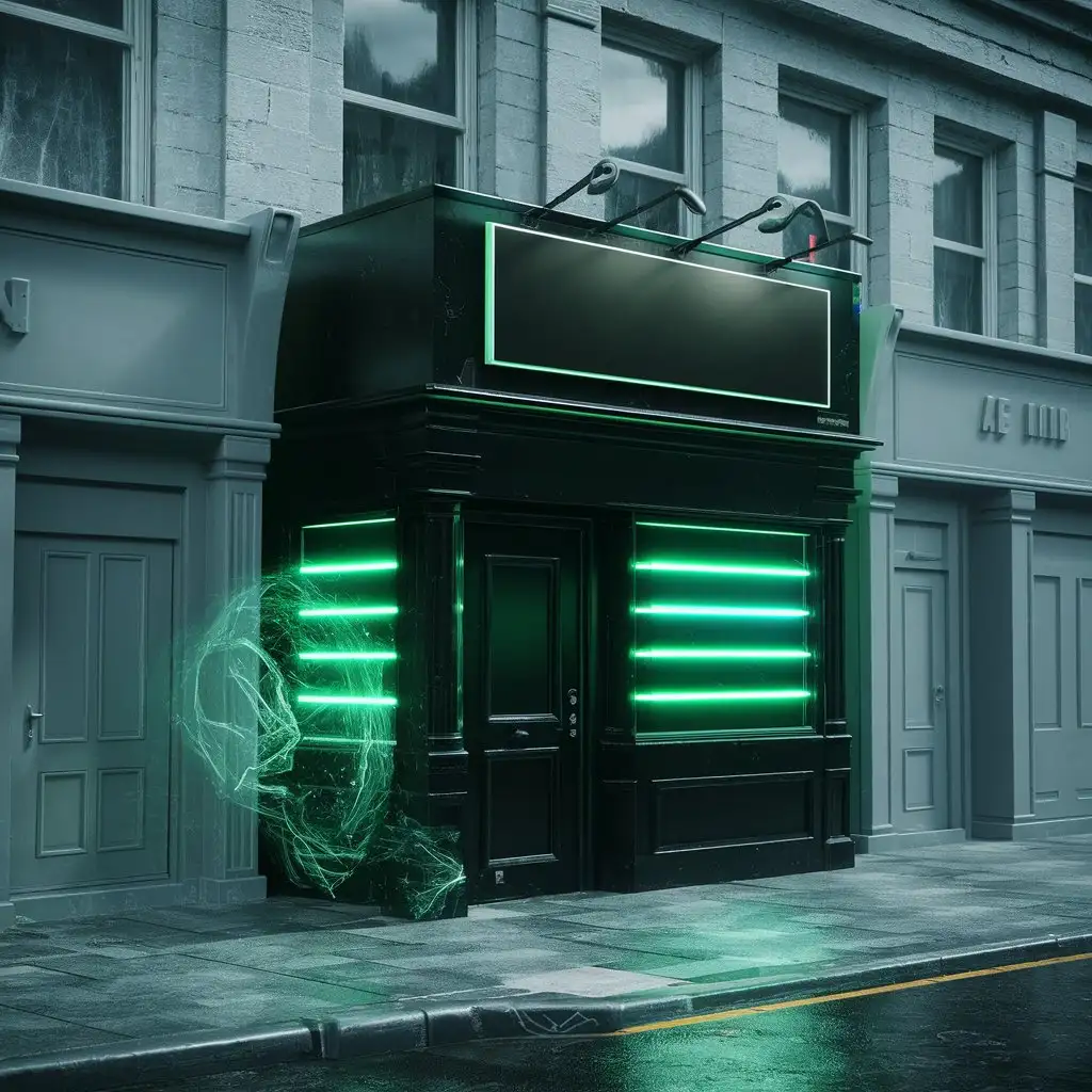 Black-Store-with-Green-Neon-Sign-and-Marquee-on-a-Street-with-3D-Special-Effects