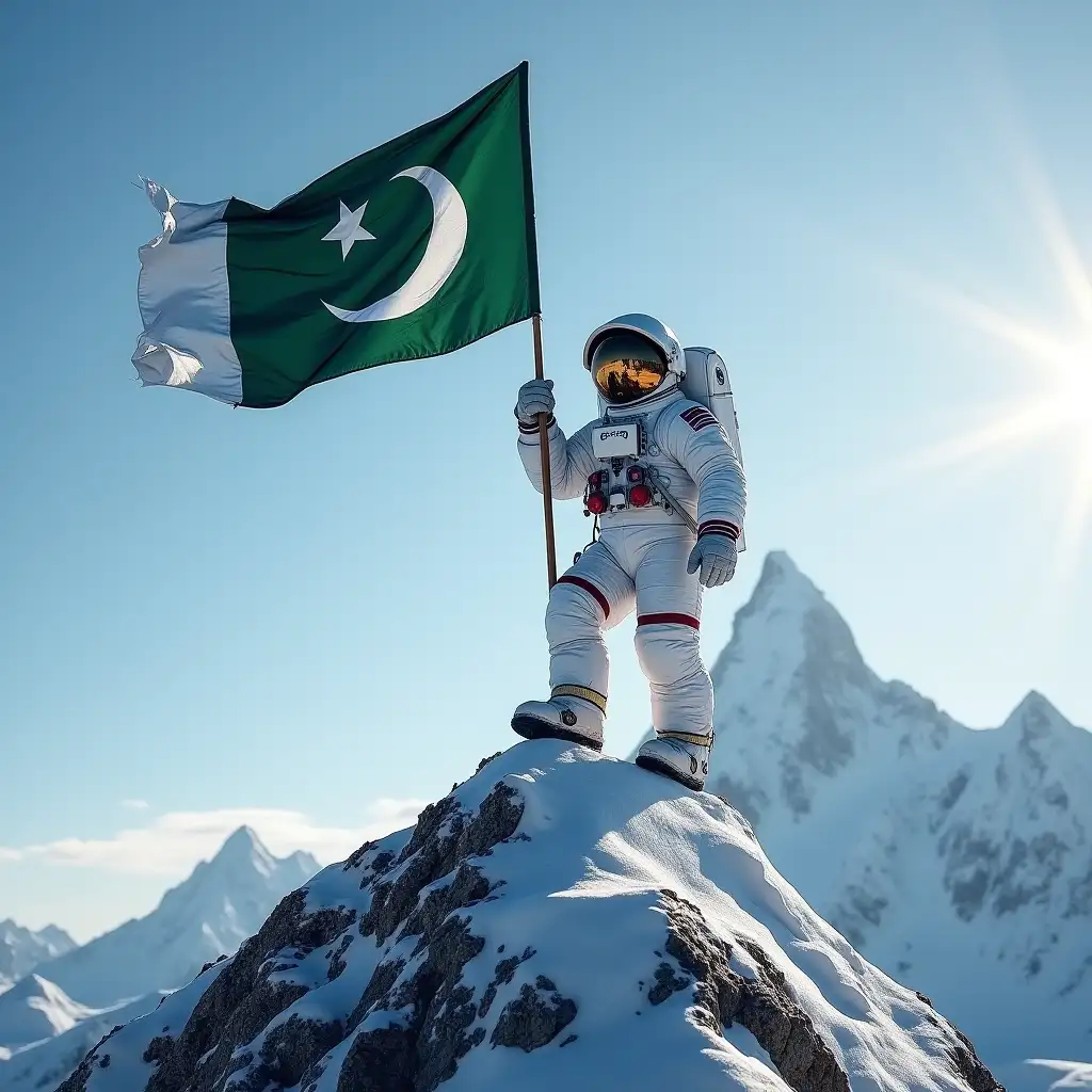 A astronaut standing on k2 waving Pakistani flag