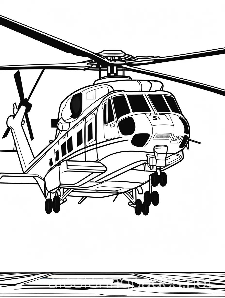 marine one helicopter, Coloring Page, black and white, line art, white background, Simplicity, Ample White Space. The background of the coloring page is plain white to make it easy for young children to color within the lines. The outlines of all the subjects are easy to distinguish, making it simple for kids to color without too much difficulty