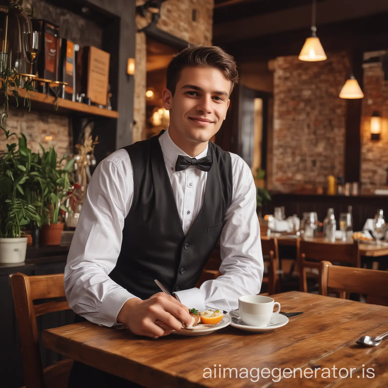 Relaxed-Waiter-Leaning-on-Table-in-Cozy-Restaurant-Setting