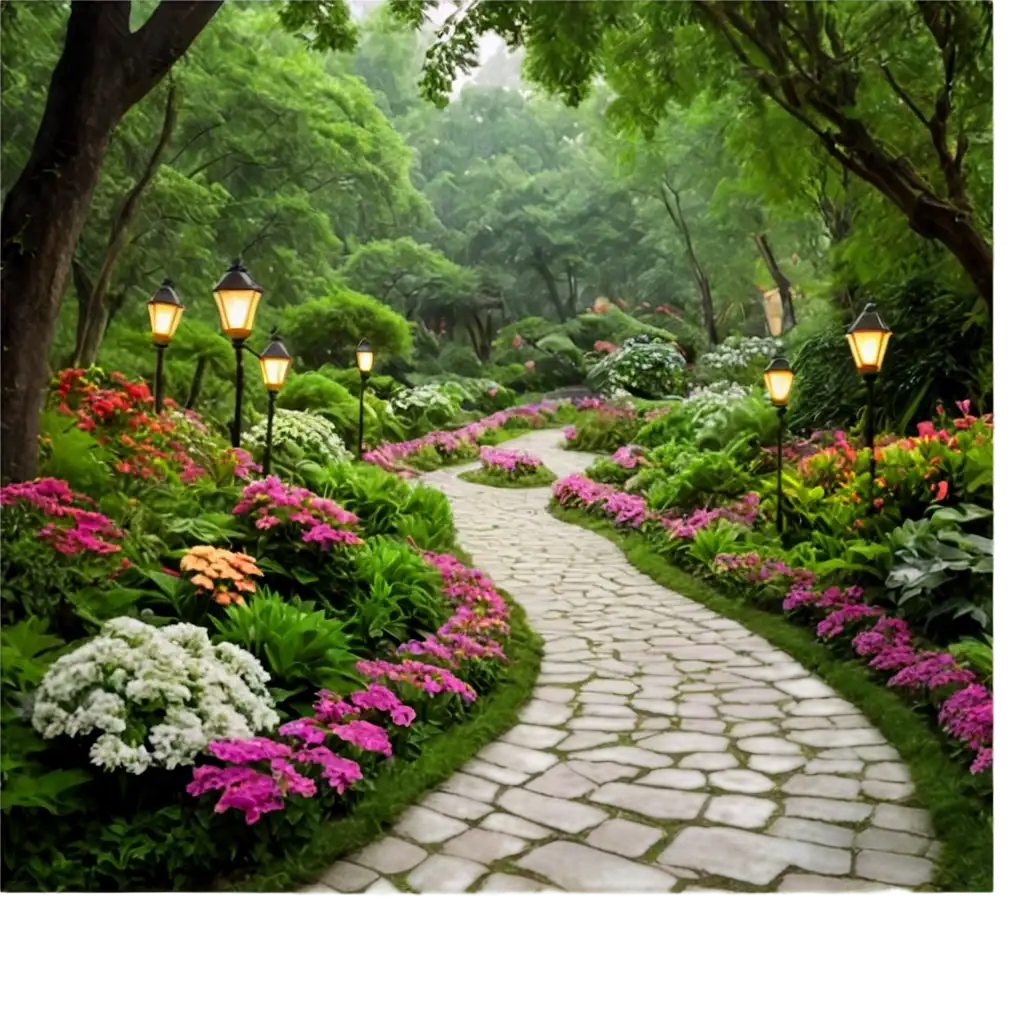 Mystical Garden Path: A serene, winding path through a garden filled with exotic, blooming flowers and greenery. The path could be illuminated by soft, glowing lanterns or fireflies, giving it a dreamy, ethereal quality.