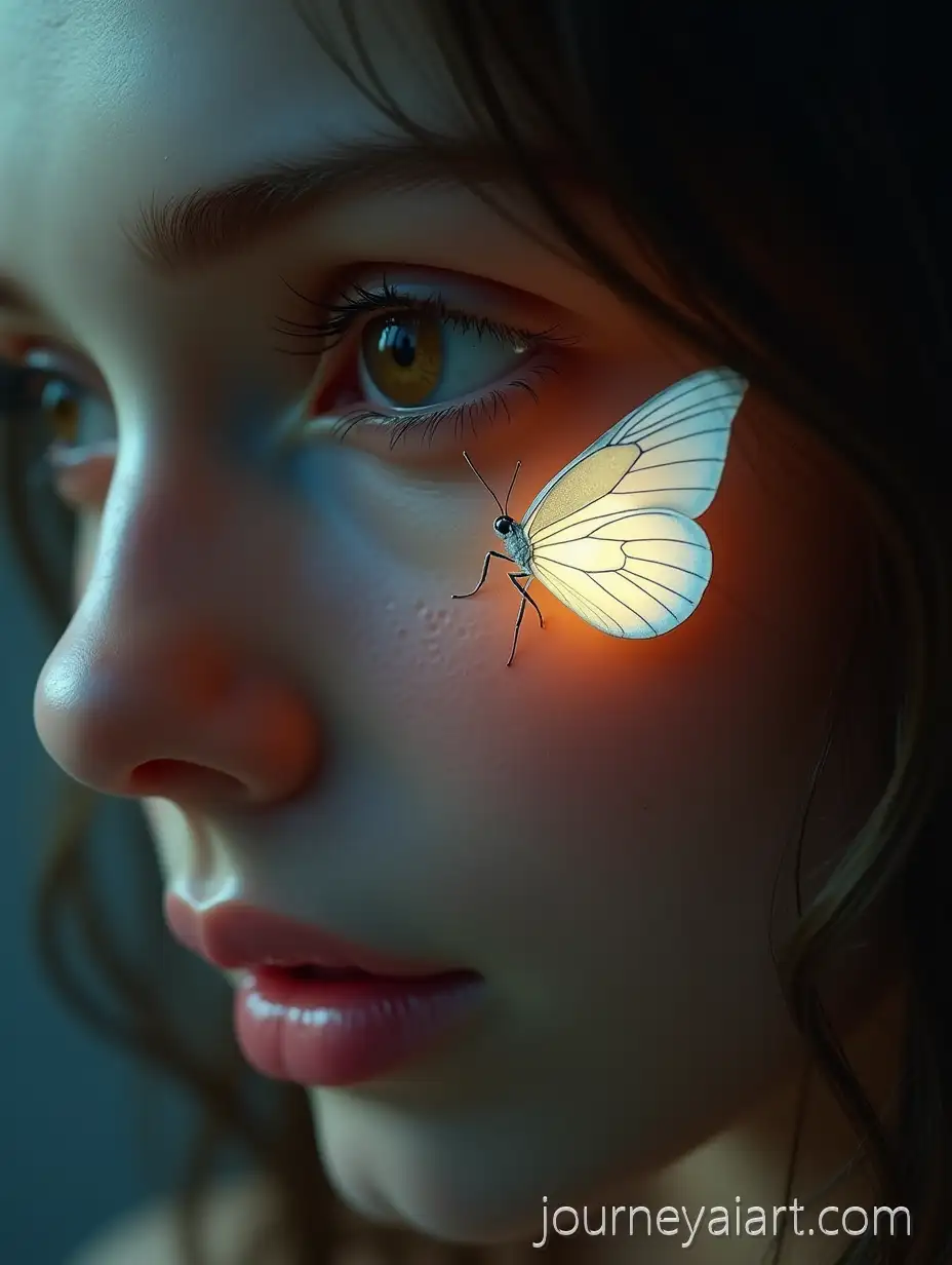 UltraRealistic-CloseUp-of-a-Feminine-Face-with-Glowing-White-Butterfly-on-Eye