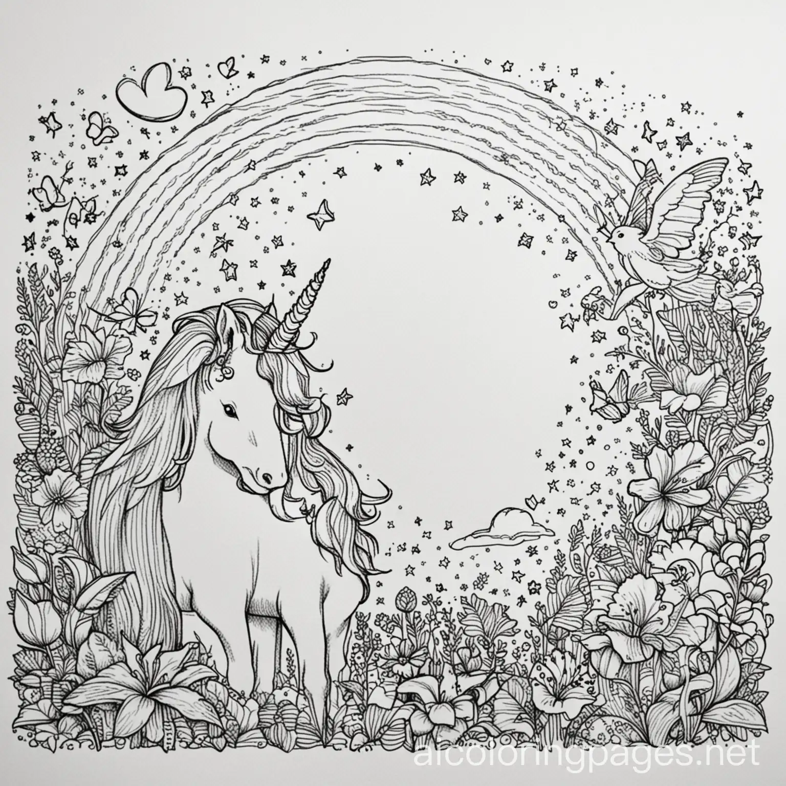 Whimsical-Coloring-Page-Featuring-Stars-Butterflies-Unicorns-and-Rainbows