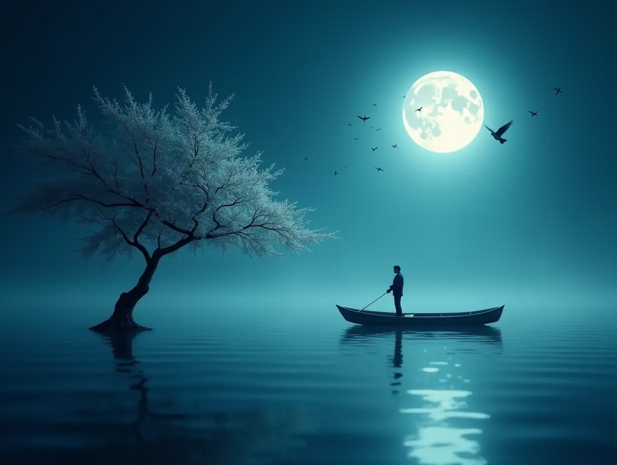 Lone-Fisherman-on-a-Moonlit-Lake-with-Blossoming-Tree-and-Birds-in-Flight