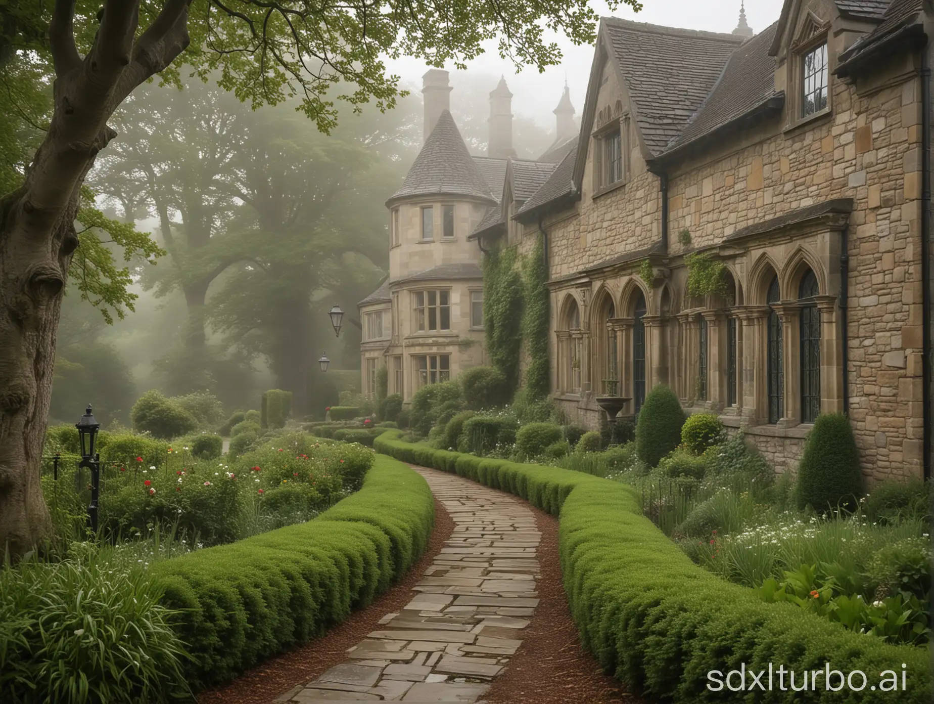 Historic-Manor-with-Sandstone-Facade-and-Misty-British-Countryside-Setting