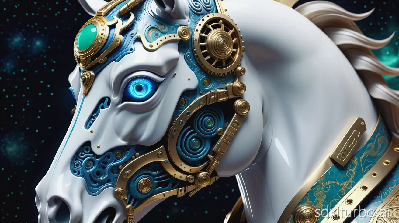 Extreme close-up of a biomechanical horse's head, intricate mechanical details, glowing blue eyes, jade and gold Chinese cloud patterns on armor, cybernetic, against the backdrop of stars, photorealistic, CGI, 8k