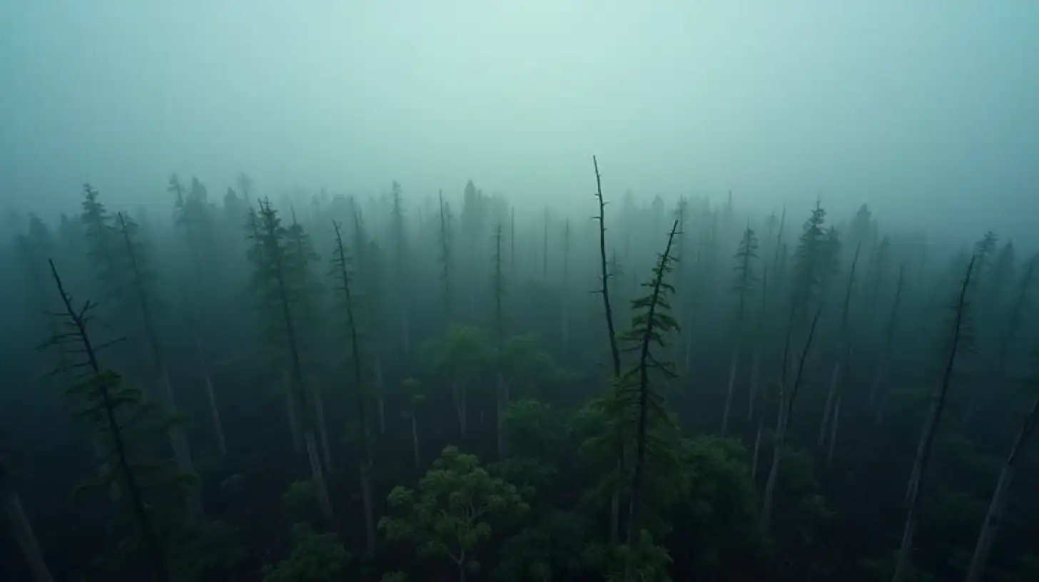 Eerie Overcast Forest Aerial View in Horror Film Style