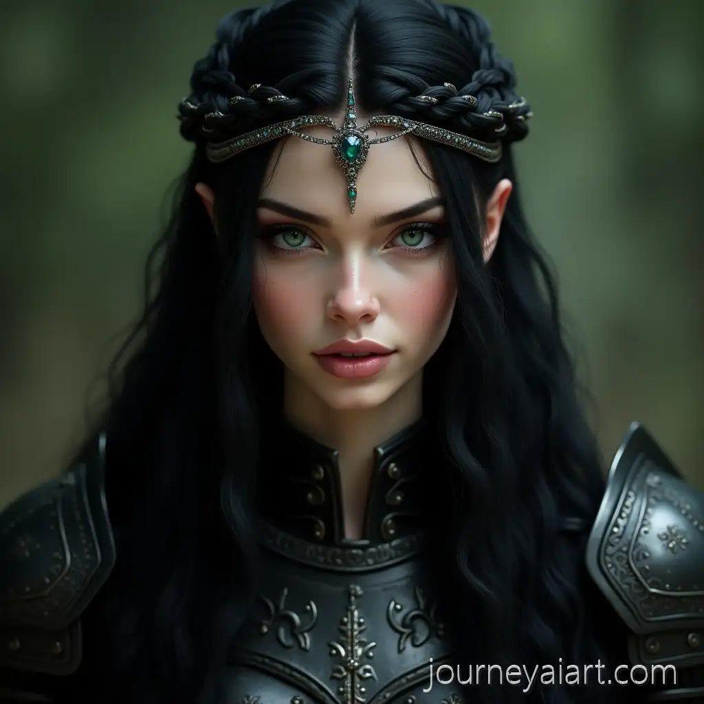 Elven-Woman-with-JetBlack-Hair-and-Emerald-Eyes-in-Steel-Armor