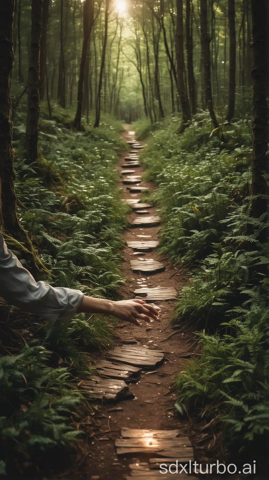 A winding path in a forest, with soft lights streaming through the trees, symbolizing that God guides even the most difficult paths. Hands holding fresh water from a spring, to represent God's care.