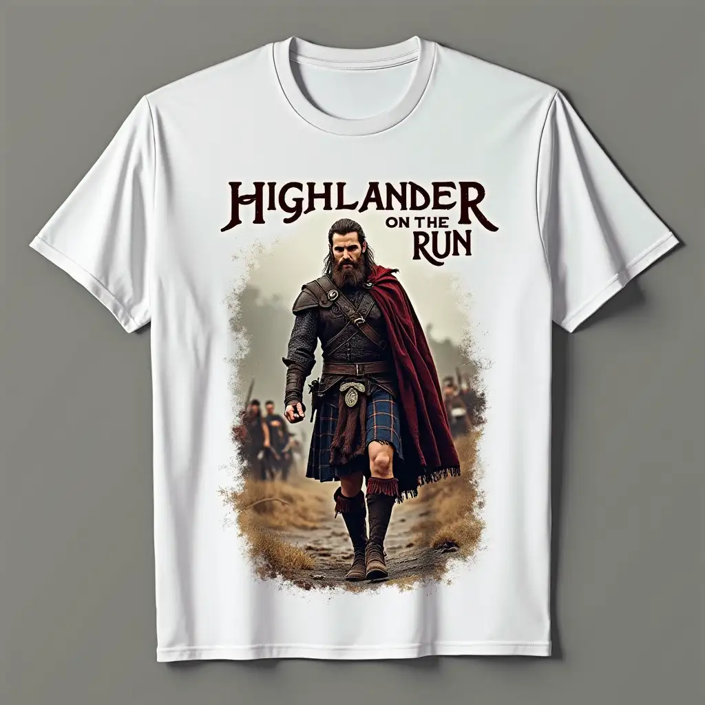 a white t shirt with highlander on the run written on itnThere is a picture of a kilted, bearded Scottish warrior on it 