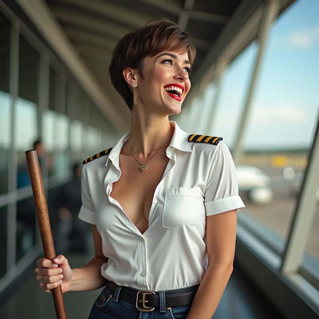 pilot lady, in white casually deep-necked airlines pilot shirt, laughing with her mouth open, red lipstick accentuating her smile, belt on waist, big wide hips, chest are fully grown, jewelry, short hair, HD, holds a long riding crop, airport, photo-realism