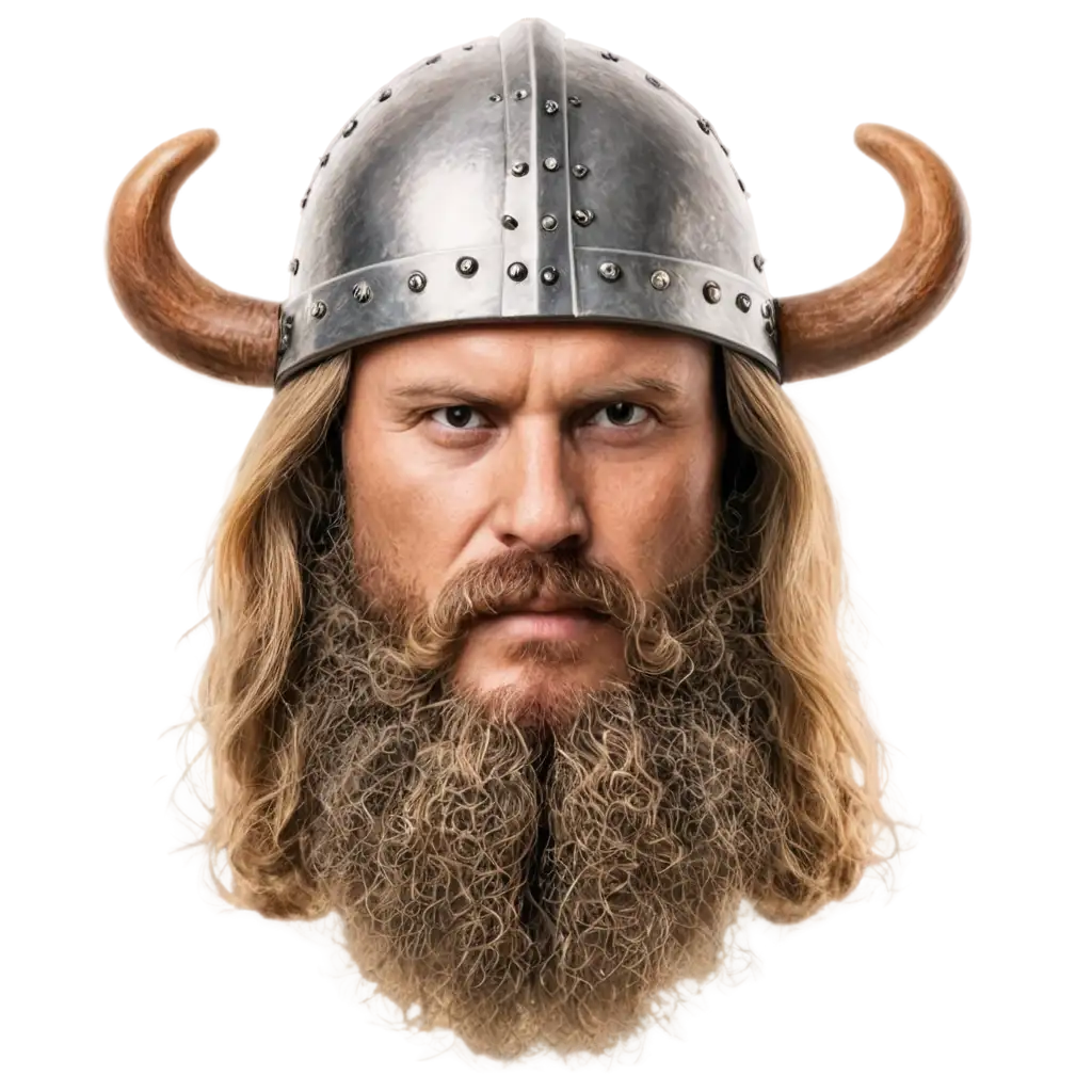 Viking head with horned helmet, beard and long hair