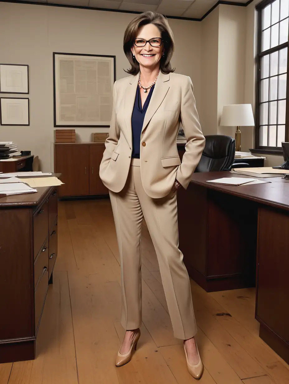 Lisa Feldman Barrett,  60 years old, glasses, straight brown hair, smiling, wooden floor, stands in an old office, full length, beige shoes, beige business suit Dior, warm tone)