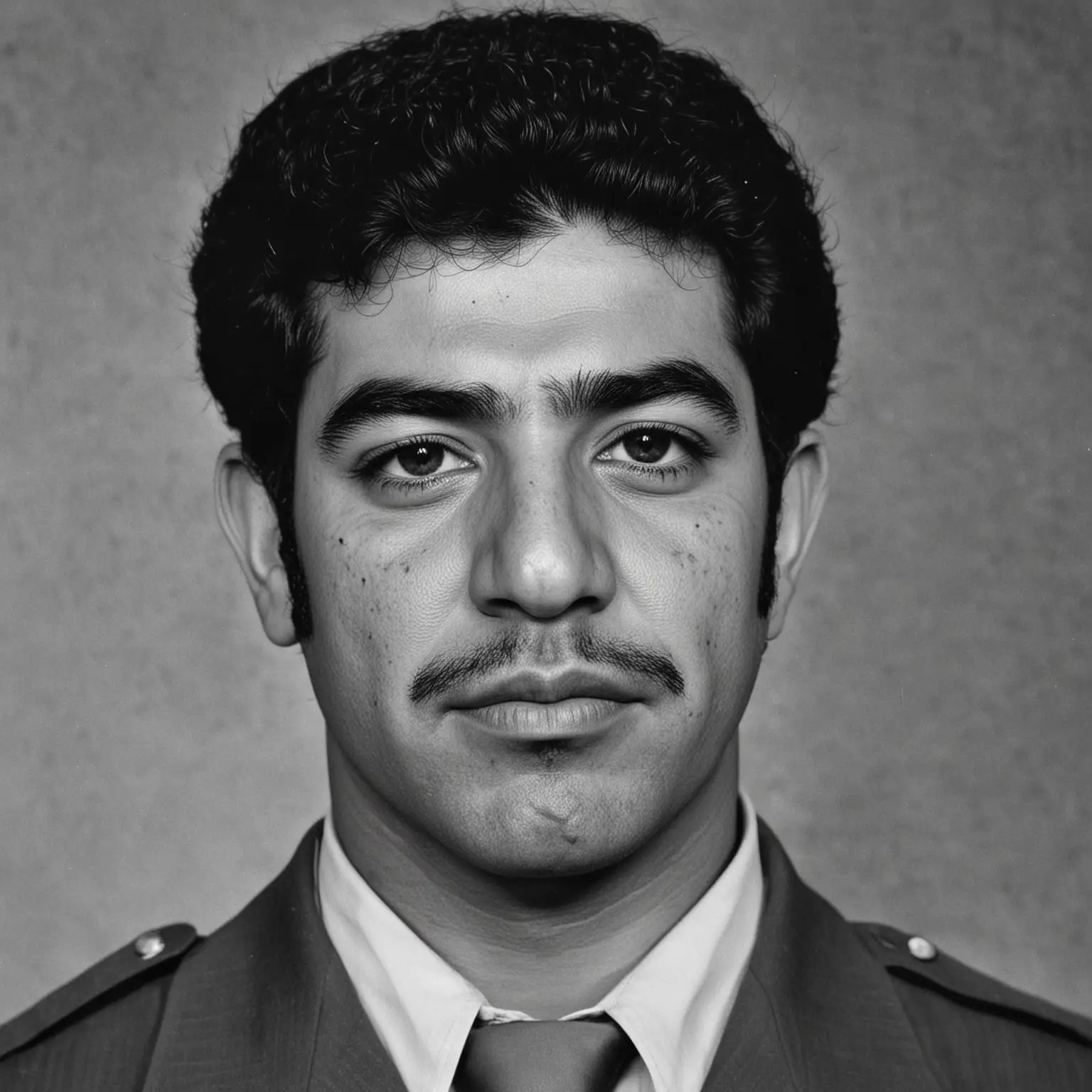 Black-and-white photo of young Saddam Hussein, showing him in his early 20s, with a serious expression