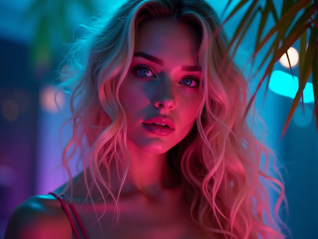 Ultra sexy blonde girl with long curly blonde hair with beautiful streaks and blue eyes, neon light through the leaves of a palm tree, turquoise and violet neon light