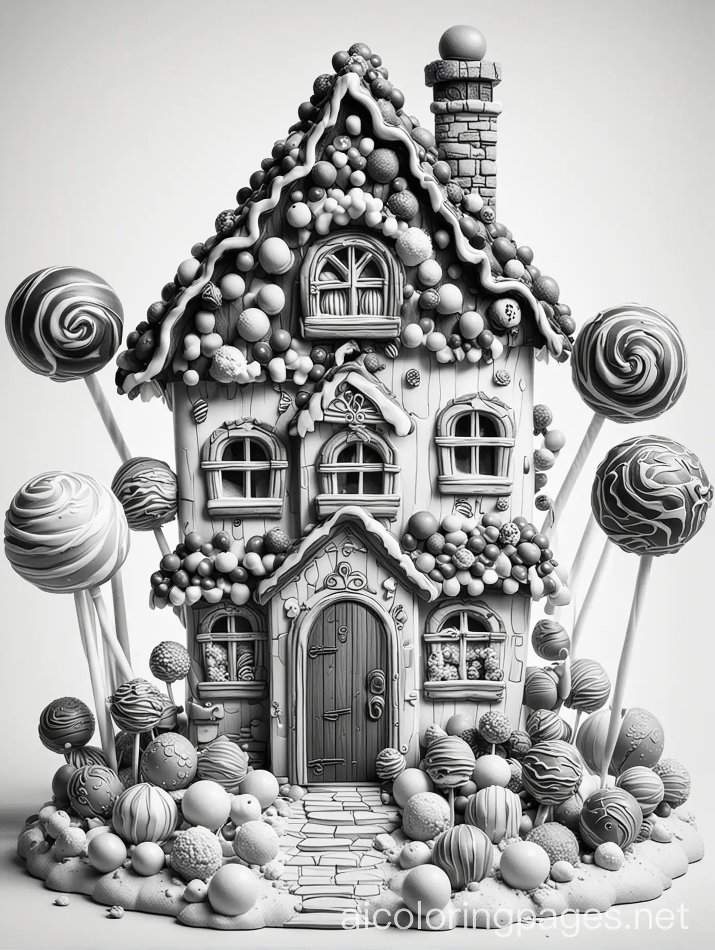 Fantasy-Ice-Cream-House-Coloring-Page-with-Lollipops-Black-and-White-Line-Art