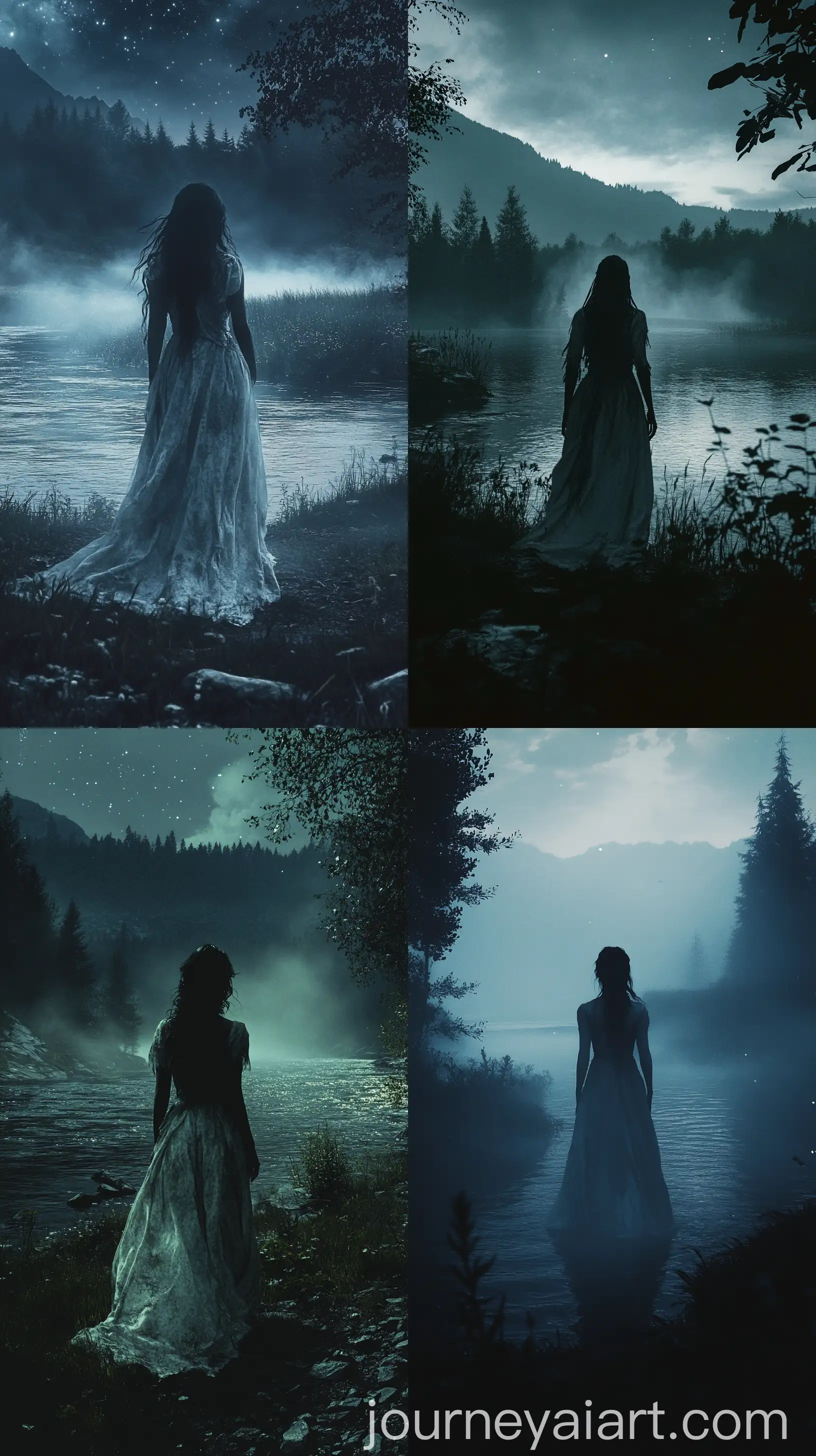 Eerie-Woman-in-Tattered-Gown-by-Misty-River-at-Night