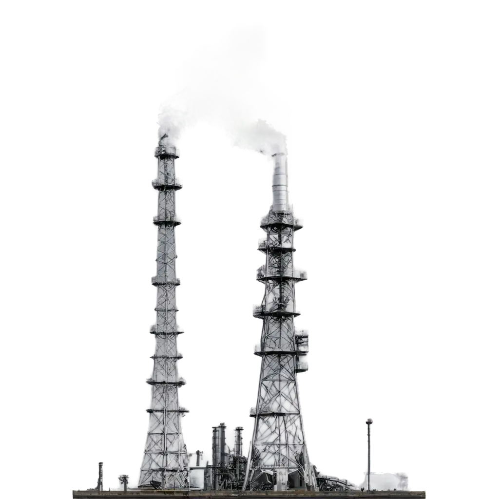 Create an image with a white background featuring an oil refinery tower at the center. At the top of the tower, smoke is rising into the air. Surrounding the tower are subtle elements related to occupational safety and health, such as safety signs, protective gear (like helmets and gloves), and air quality monitoring devices. The overall theme should convey industrial safety and environmental monitoring, with a focus on a clean and modern aesthetic.