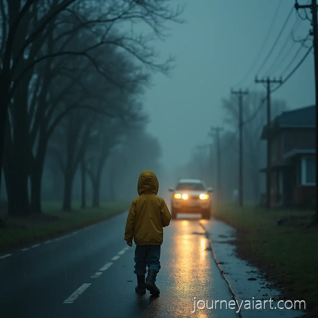 Young-Boy-Walking-Alone-on-Rainy-Road-with-Umbrella-and-Reflections