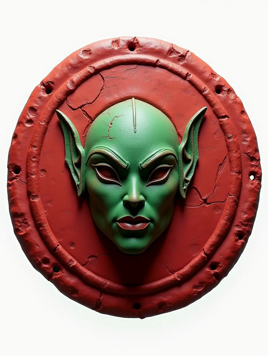 round battle shield made of red clay with the green face of a Martian woman in the center, shield rotated at an angle of 30 degrees, model, transparent background