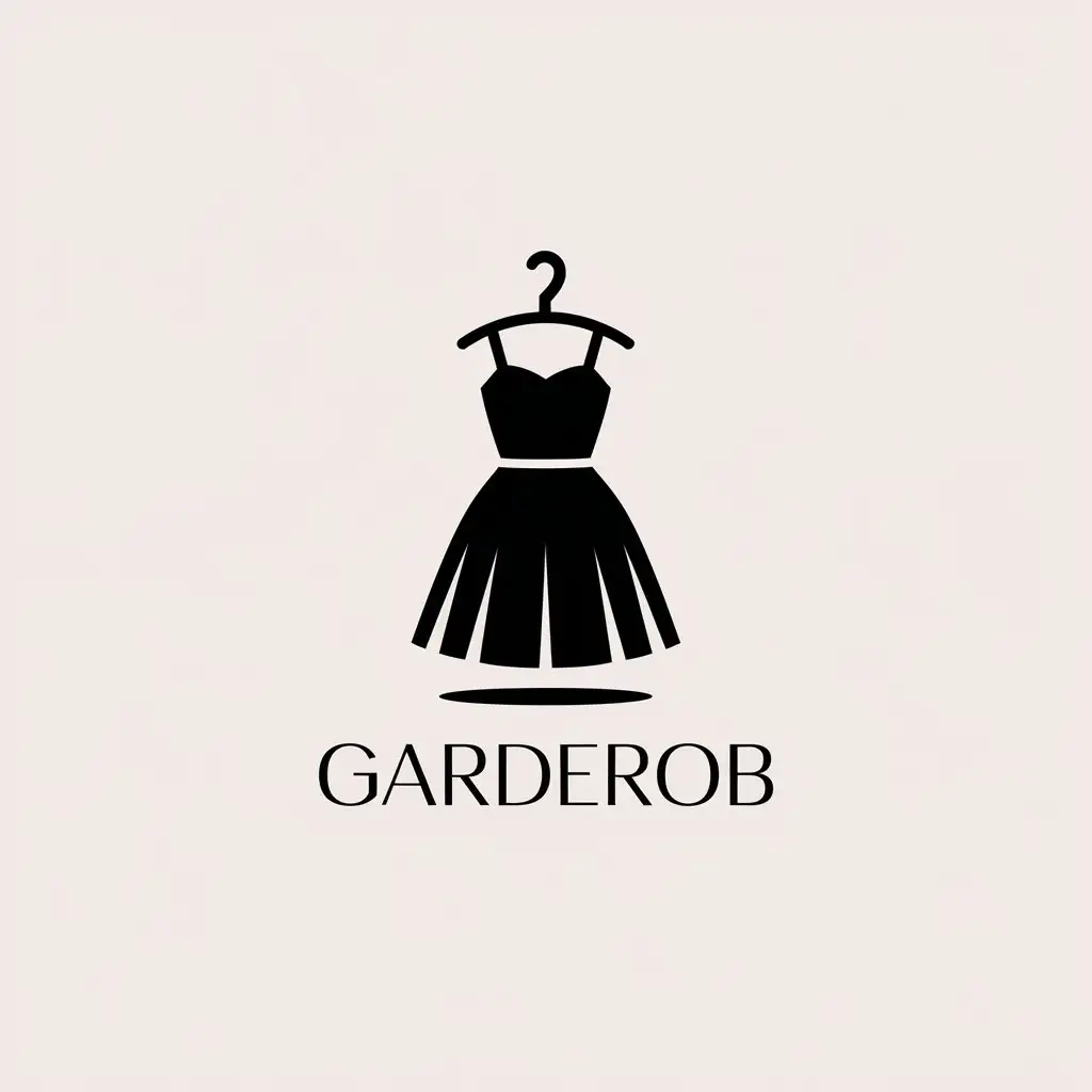 a vector logo design,with the text "Garderob", main symbol:Logo with black dress and hanger, clear background,Minimalistic,be used in Clothes shop industry,clear background