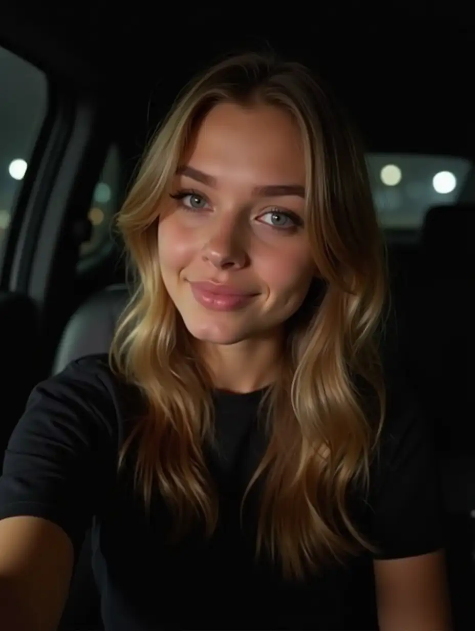A russian beautiful girl is taking selfie at night night time She has long blonde brown hair, she wears a black t-shirt she is sitting in the car background is too cozy show calm
