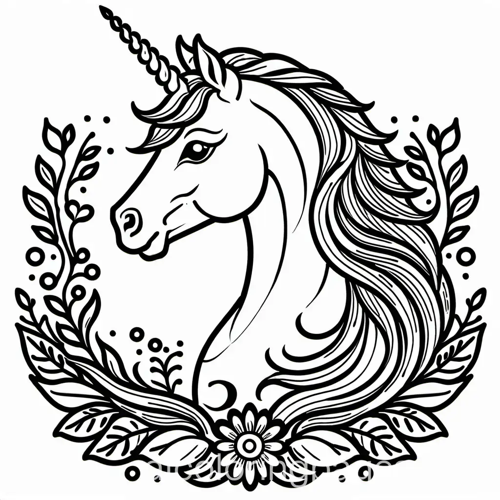 unicorn, Coloring Page, black and white, line art, white background, Simplicity, Ample White Space. The background of the coloring page is plain white to make it easy for young children to color within the lines. The outlines of all the subjects are easy to distinguish, making it simple for kids to color without too much difficulty