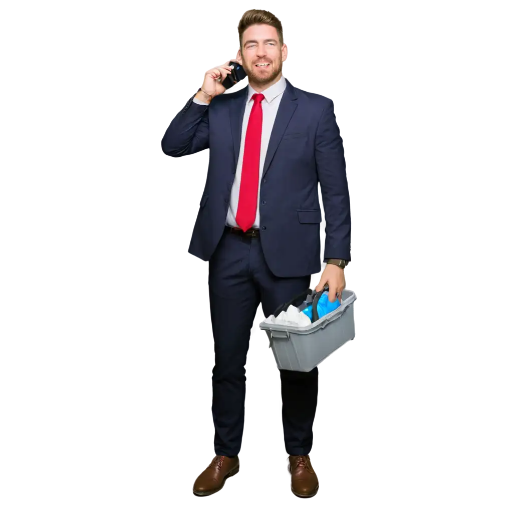 a super busy person with a phone in hand (and speaking in to it - phone is held by ear) holding many cleaning products in other hand and with a toolbox at his feet, wearing a suit