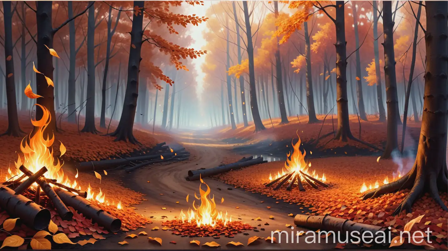 Autumn Forest Fire with Rusty Leaves on the Floor